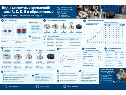 Основные виды магнитных креплений и их особенности: типы A, C, D, E и обрезиненные модели