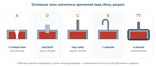 Основные виды магнитных креплений и их особенности: типы A, C, D, E и обрезиненные модели